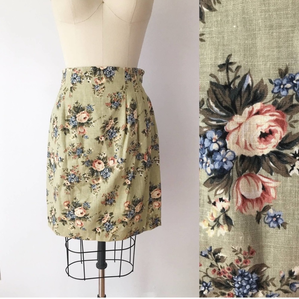 Vintage Neutral Floral Mini Skirt Cotton Linen Pleated High Waist Skirt